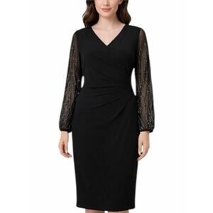 Marina Long Beaded Sleeve Side Ruched Cocktail Dress Black Size 1X